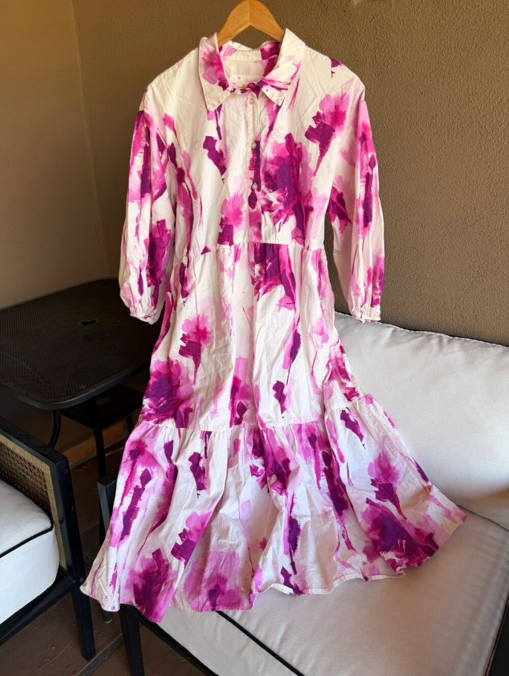 Anthropologie White Dress with Fuchsia Watercolor Floral Print